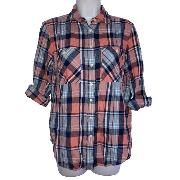Ralph Lauren Plaid Long Sleeve Button Front Shirt Top S Peach Blue - Picture 2 of 7